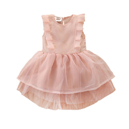 Girls Pink Flutter Sleeves Layered Fit & Flare Dress