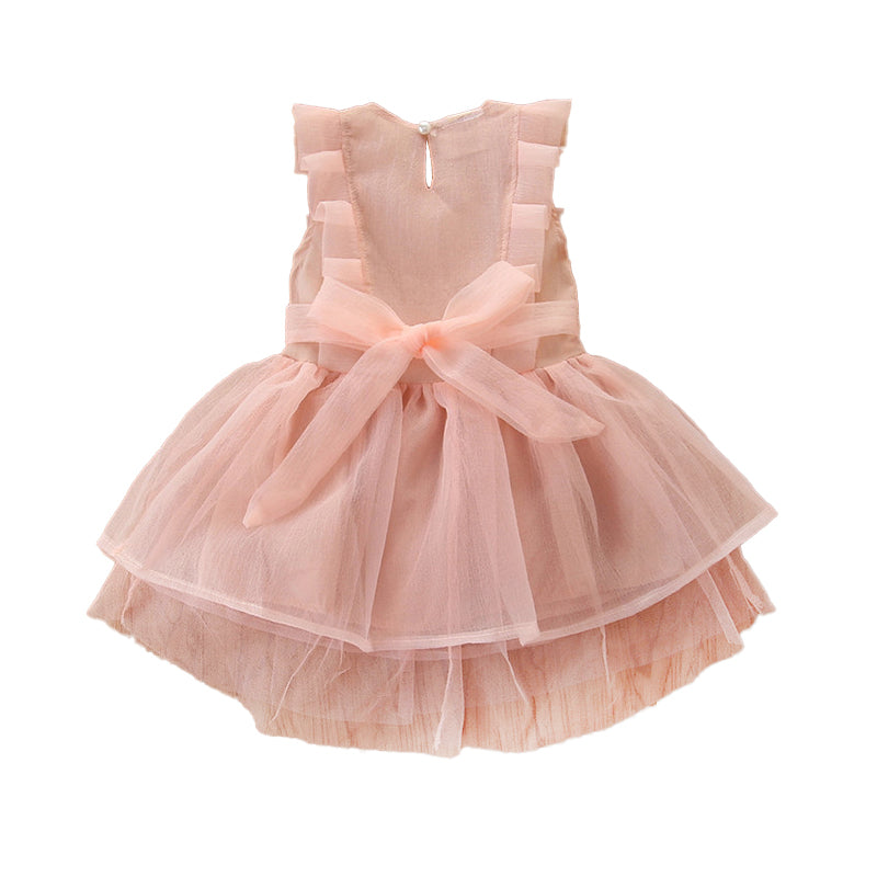 Girls Pink Flutter Sleeves Layered Fit & Flare Dress