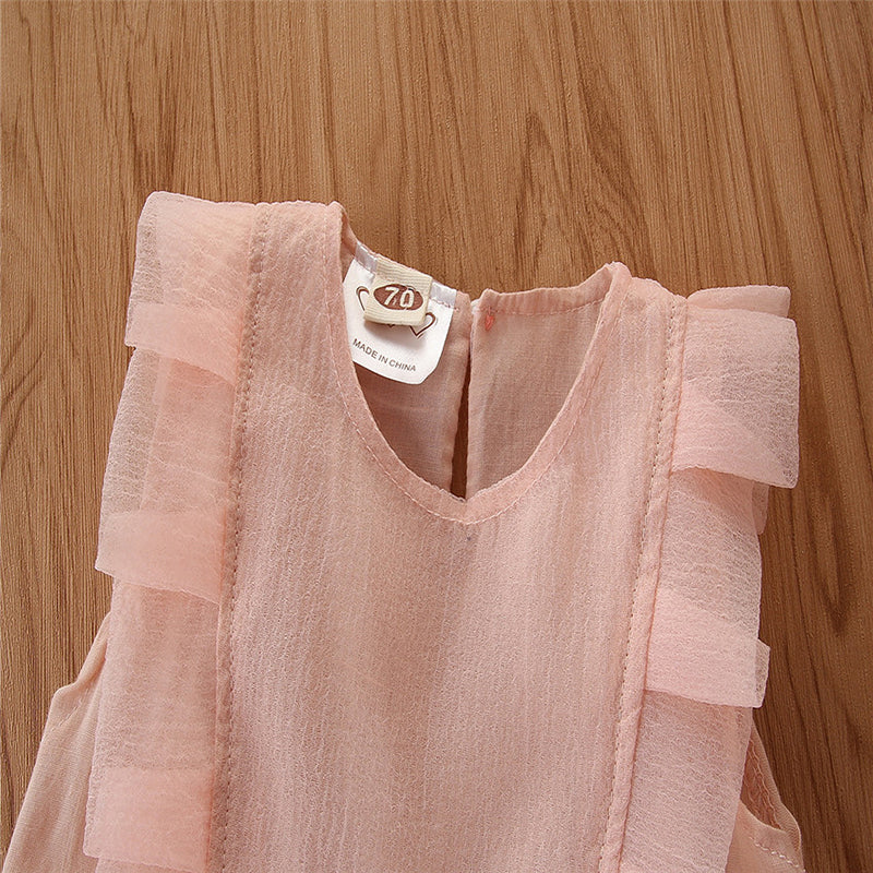 Girls Pink Flutter Sleeves Layered Fit & Flare Dress