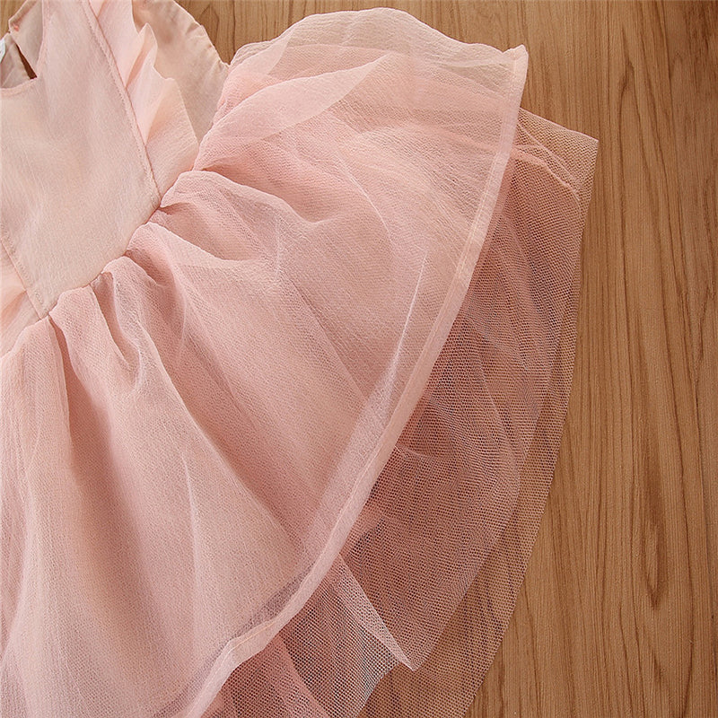 Girls Pink Flutter Sleeves Layered Fit & Flare Dress