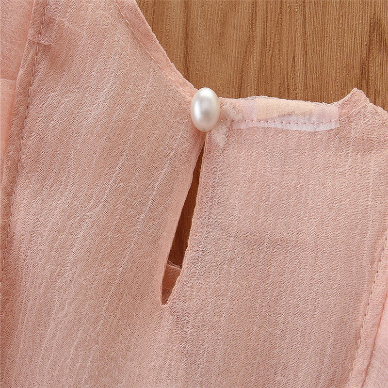 Girls Pink Flutter Sleeves Layered Fit & Flare Dress