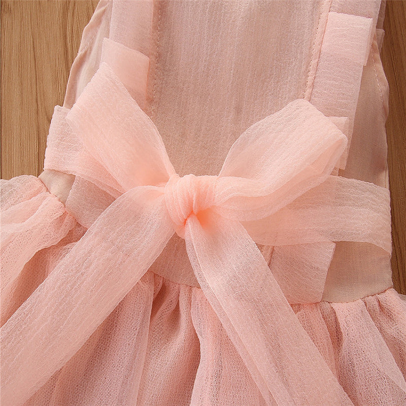 Girls Pink Flutter Sleeves Layered Fit & Flare Dress