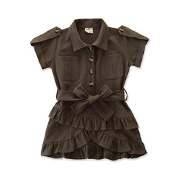 Green Girls Shirt Collar Fit & Flare Tie-Ups Shirt Mini Dress
