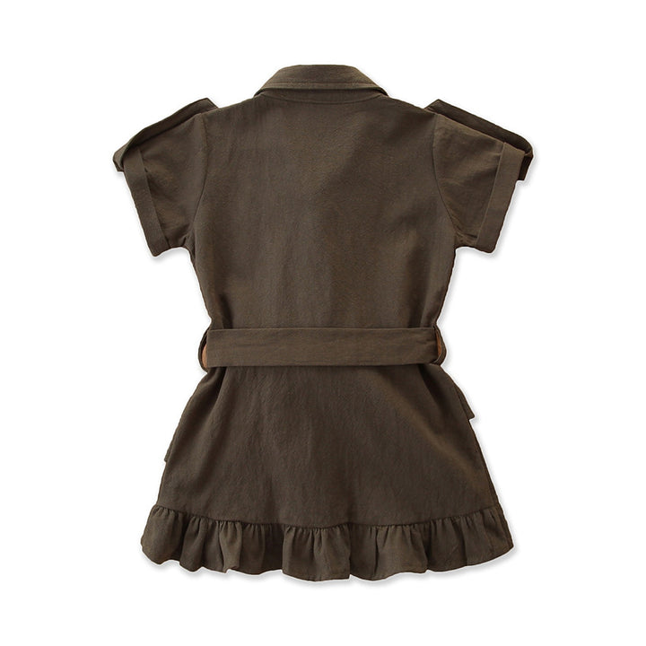 Green Girls Shirt Collar Fit & Flare Tie-Ups Shirt Mini Dress