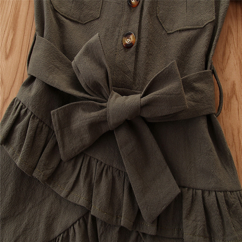 Green Girls Shirt Collar Fit & Flare Tie-Ups Shirt Mini Dress