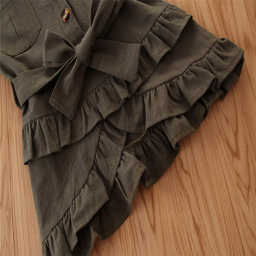 Green Girls Shirt Collar Fit & Flare Tie-Ups Shirt Mini Dress