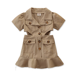 Girls Khaki Shirt Collar Cut-Outs Cotton A-Line Midi Dress