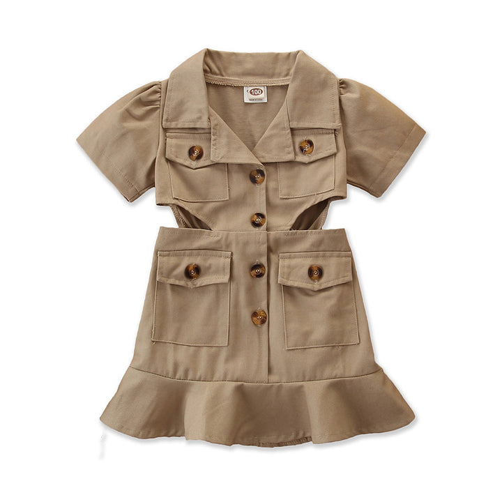 Girls Khaki Shirt Collar Cut-Outs Cotton A-Line Midi Dress