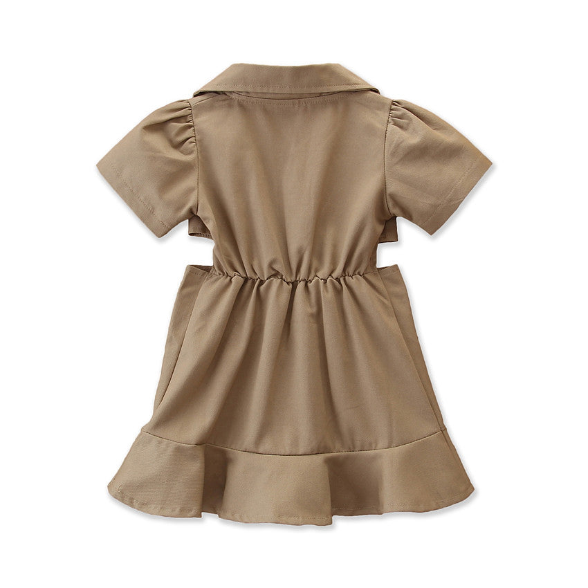 Girls Khaki Shirt Collar Cut-Outs Cotton A-Line Midi Dress