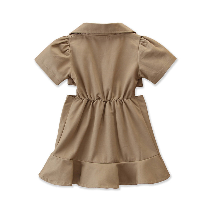 Girls Khaki Shirt Collar Cut-Outs Cotton A-Line Midi Dress