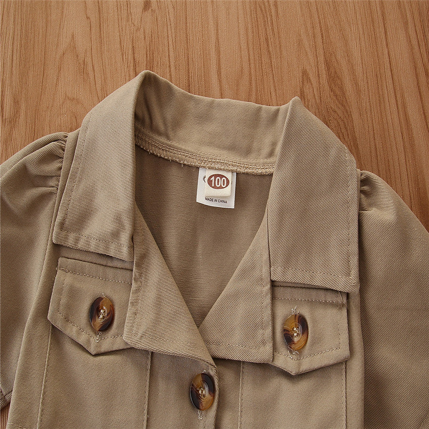Girls Khaki Shirt Collar Cut-Outs Cotton A-Line Midi Dress
