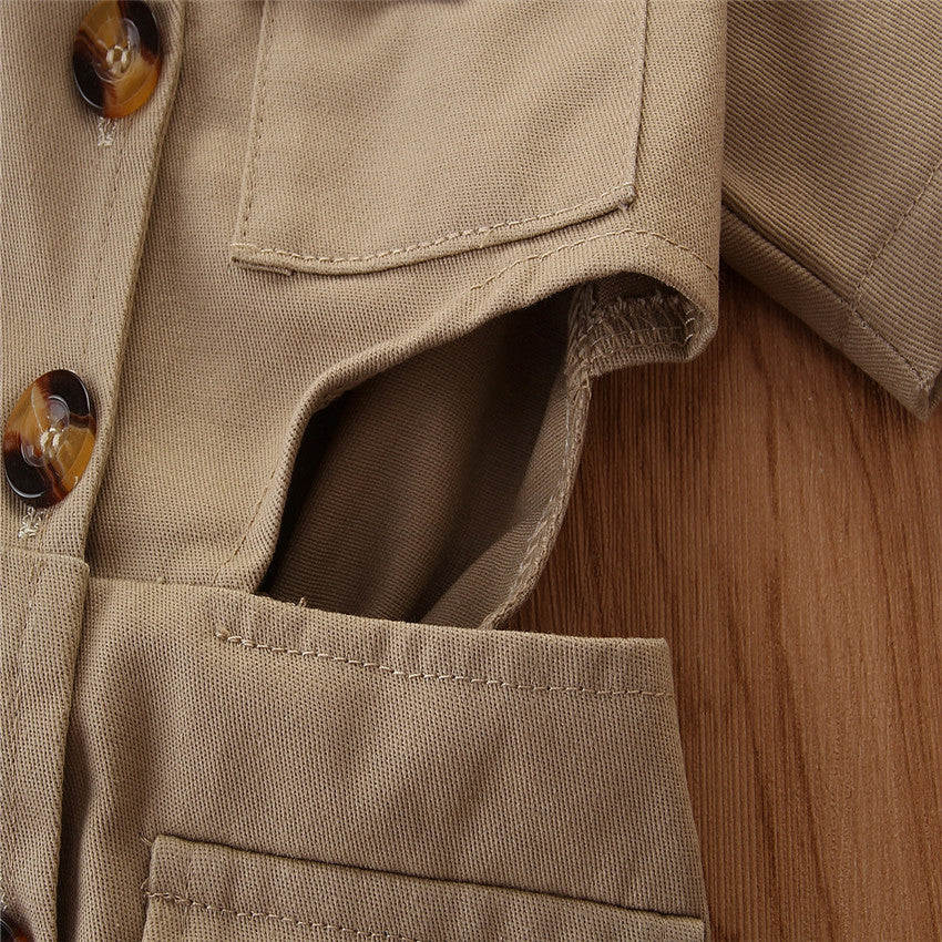 Girls Khaki Shirt Collar Cut-Outs Cotton A-Line Midi Dress