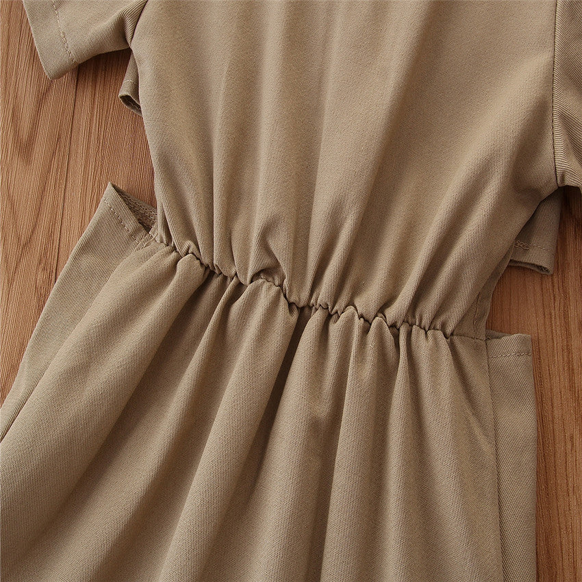 Girls Khaki Shirt Collar Cut-Outs Cotton A-Line Midi Dress