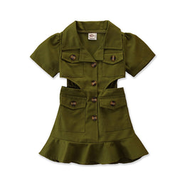Girls Green Cut-Outs Shirt Midi Dress