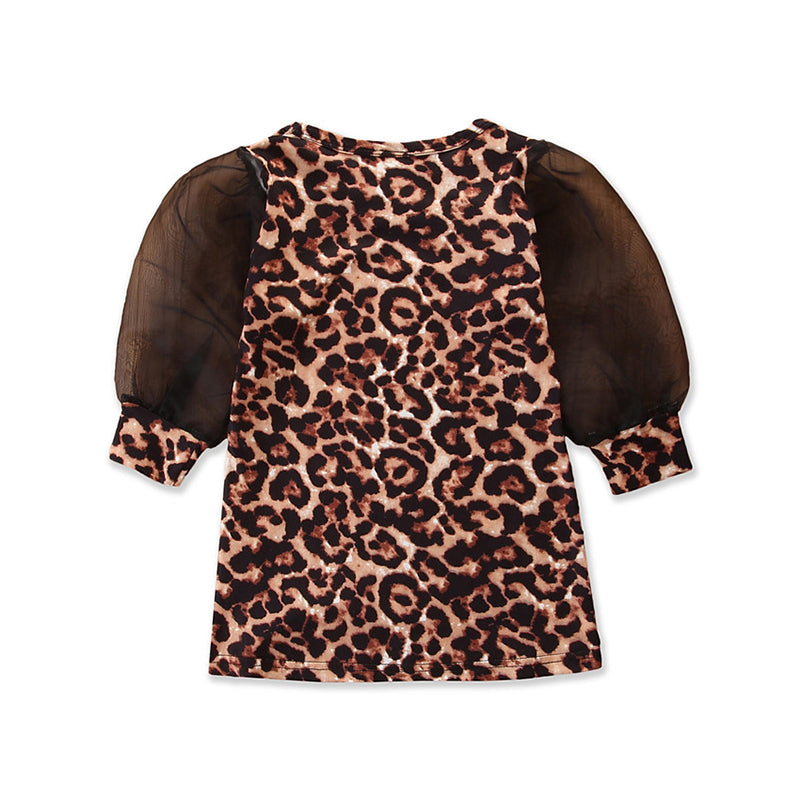 Girls Beige Animal Printed Cuffed Sleeves Cotton A-Line Dress