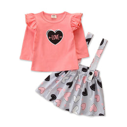 Girls Pink Graphic Printed Ruffled Top & Skirt With Suspenders