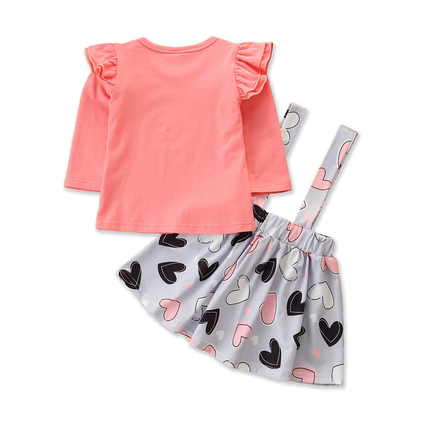 Girls Pink Graphic Printed Ruffled Top & Skirt With Suspenders