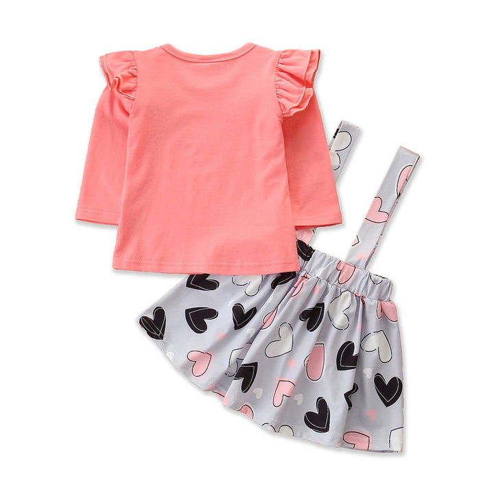 Girls Pink Graphic Printed Ruffled Top & Skirt With Suspenders