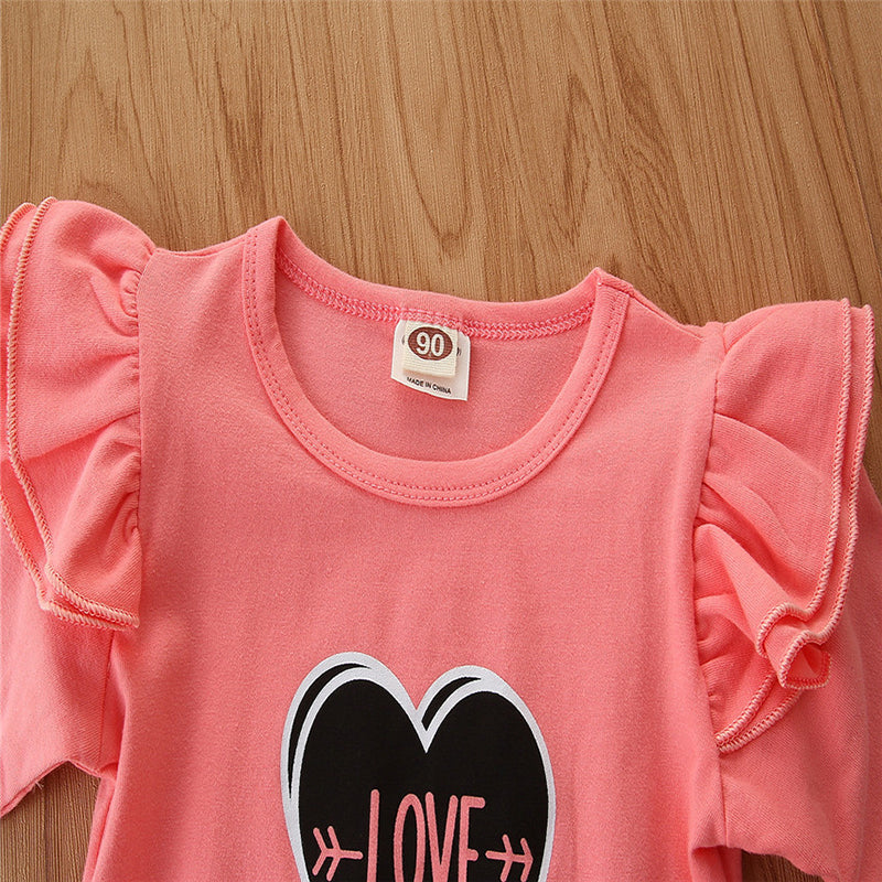 Girls Pink Graphic Printed Ruffled Top & Skirt With Suspenders