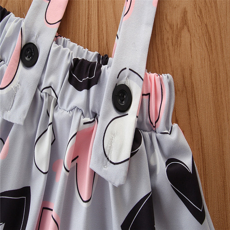 Girls Pink Graphic Printed Ruffled Top & Skirt With Suspenders