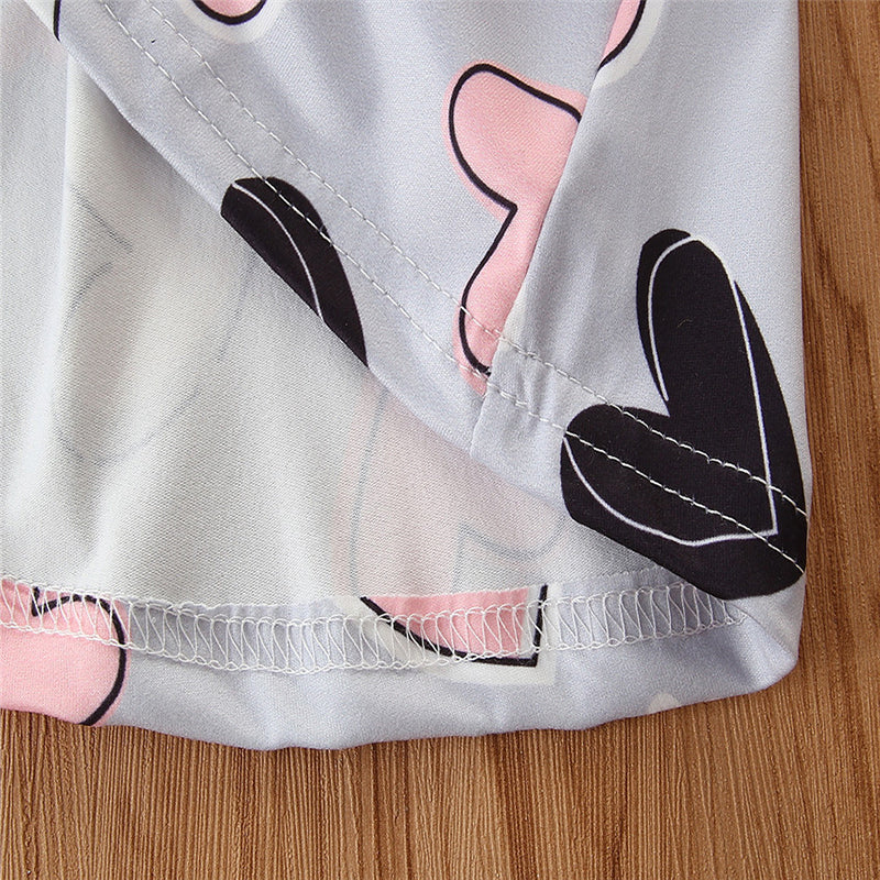 Girls Pink Graphic Printed Ruffled Top & Skirt With Suspenders