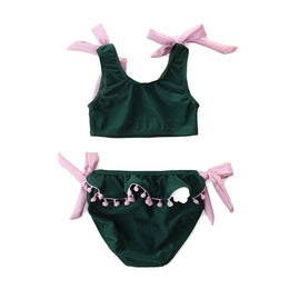 Girls Green Pom-Pom Detailed Bikini Swimwear Set