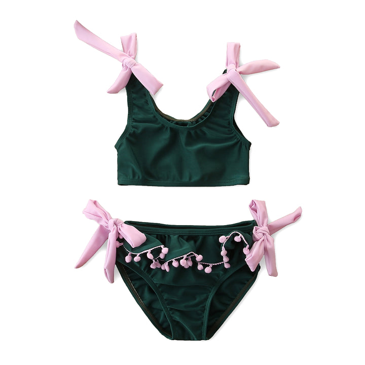 Girls Green Pom-Pom Detailed Bikini Swimwear Set