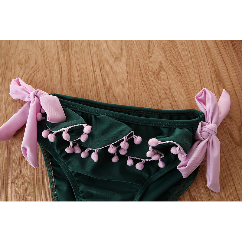 Girls Green Pom-Pom Detailed Bikini Swimwear Set
