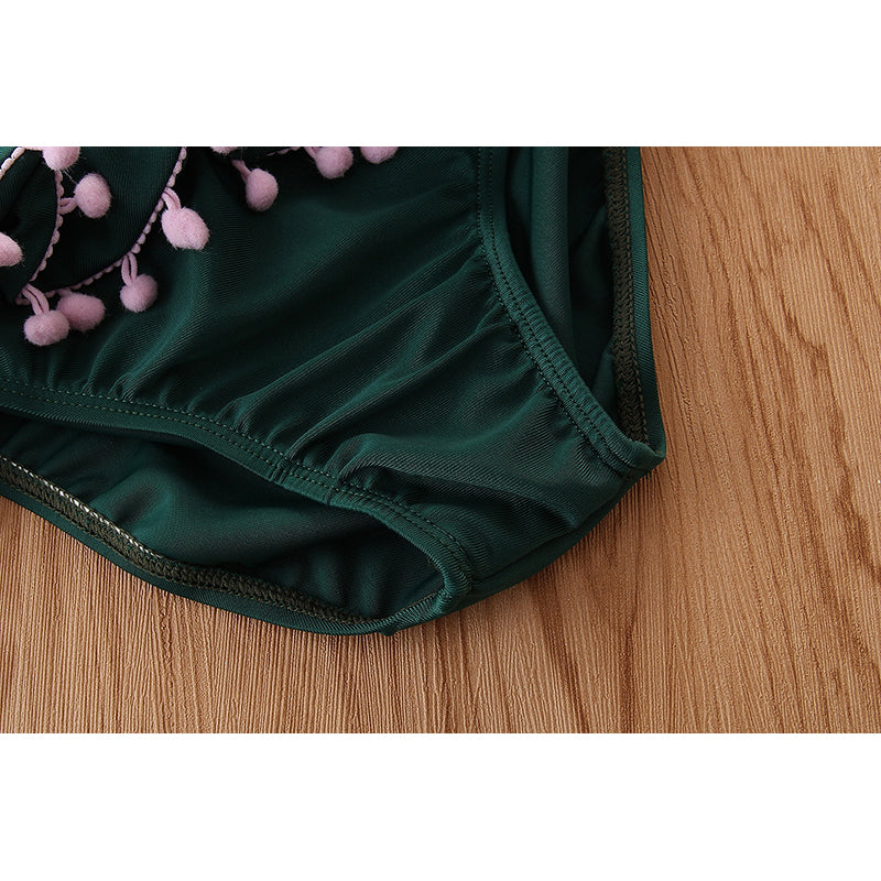 Girls Green Pom-Pom Detailed Bikini Swimwear Set