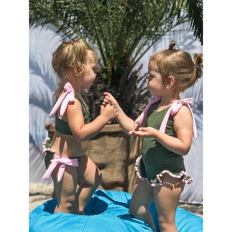 Girls Green Pom-Pom Detailed Bikini Swimwear Set