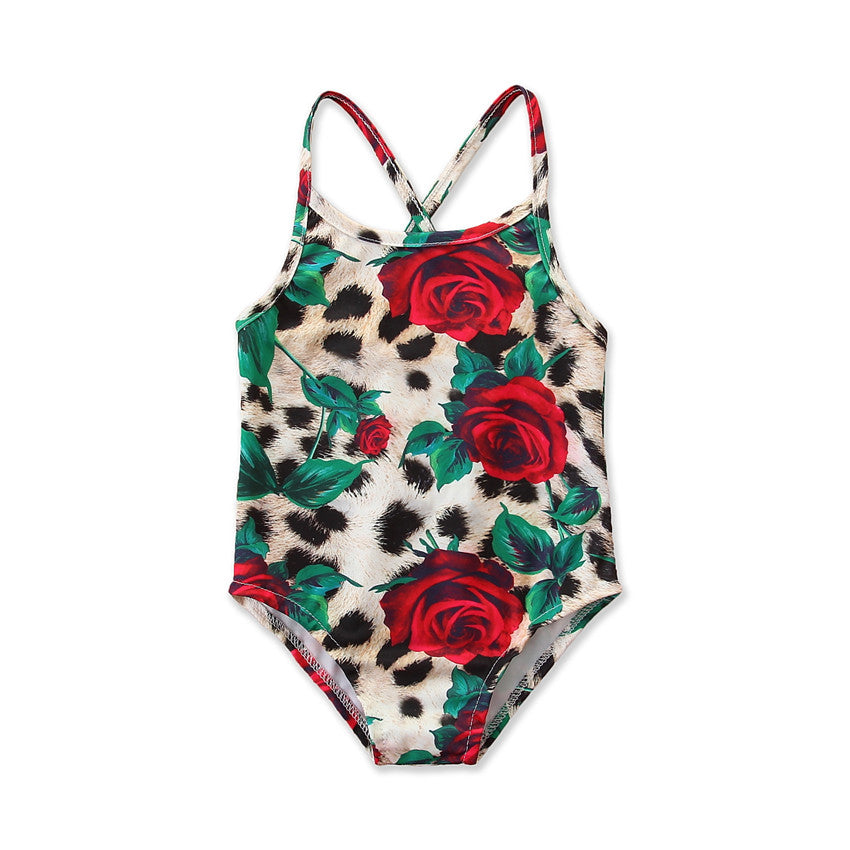 Girls Brown Floral Printed Shoulder Straps Bodysuit