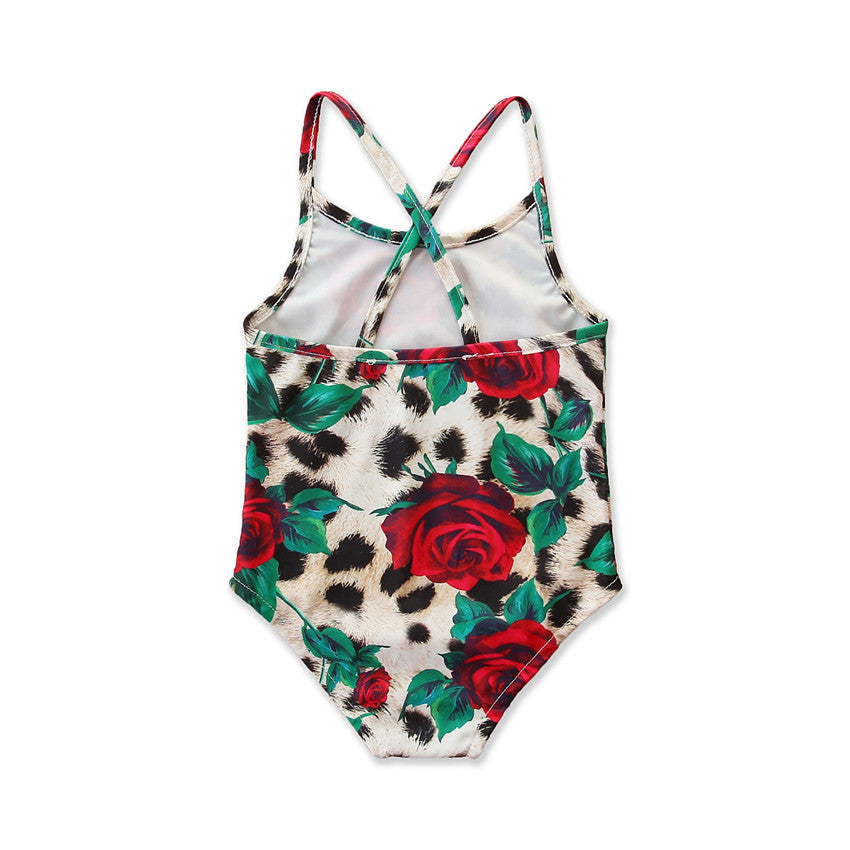 Girls Brown Floral Printed Shoulder Straps Bodysuit