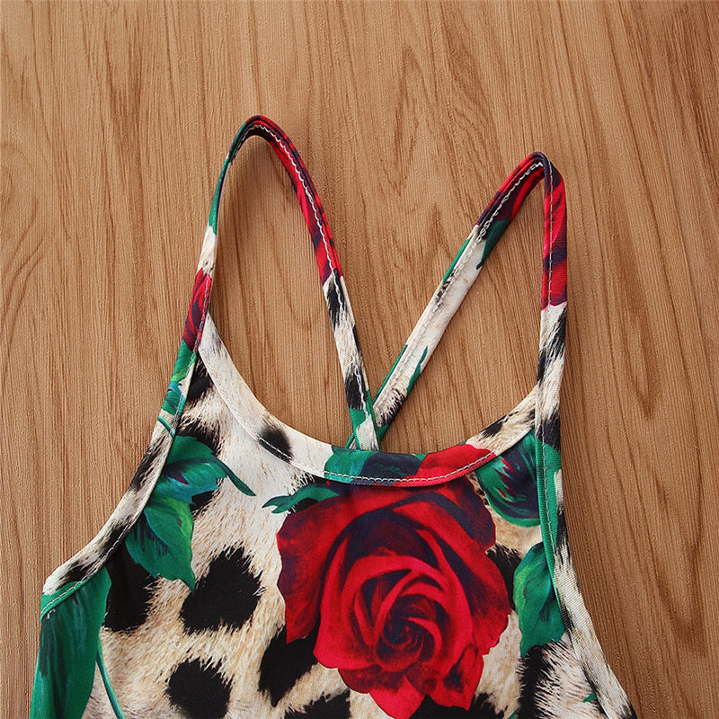 Girls Brown Floral Printed Shoulder Straps Bodysuit