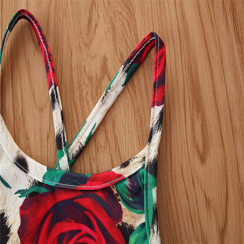 Girls Brown Floral Printed Shoulder Straps Bodysuit