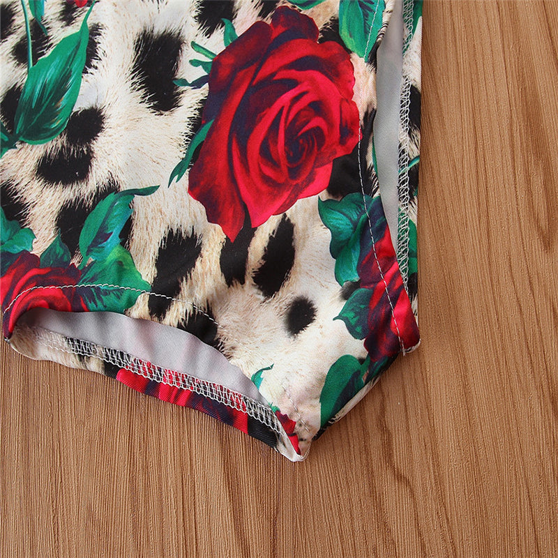 Girls Brown Floral Printed Shoulder Straps Bodysuit