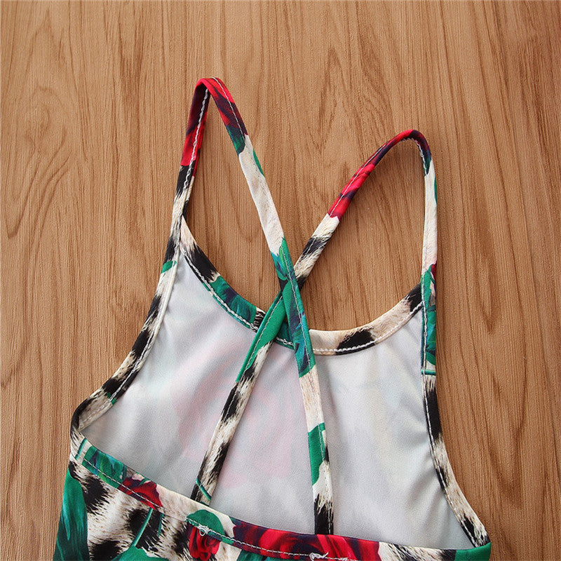Girls Brown Floral Printed Shoulder Straps Bodysuit