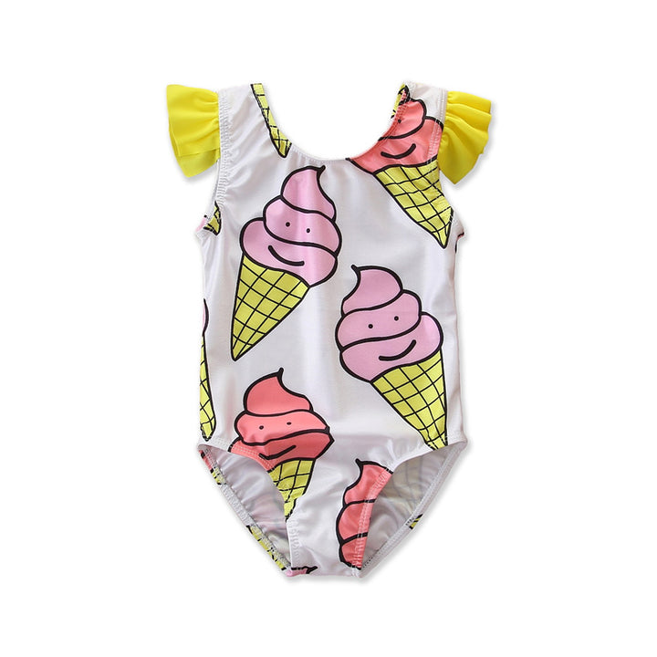 Girls White Geometric Printed Bodysuit Swimwear