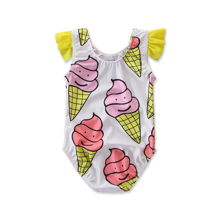 Girls White Geometric Printed Bodysuit Swimwear