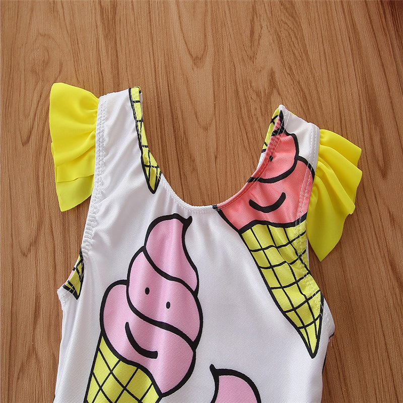 Girls White Geometric Printed Bodysuit Swimwear