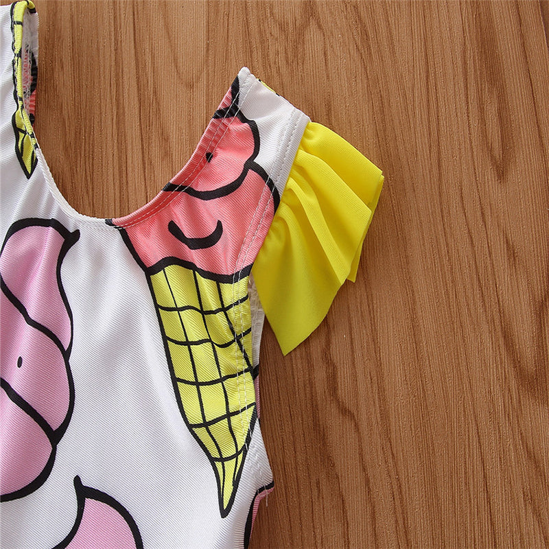 Girls White Geometric Printed Bodysuit Swimwear