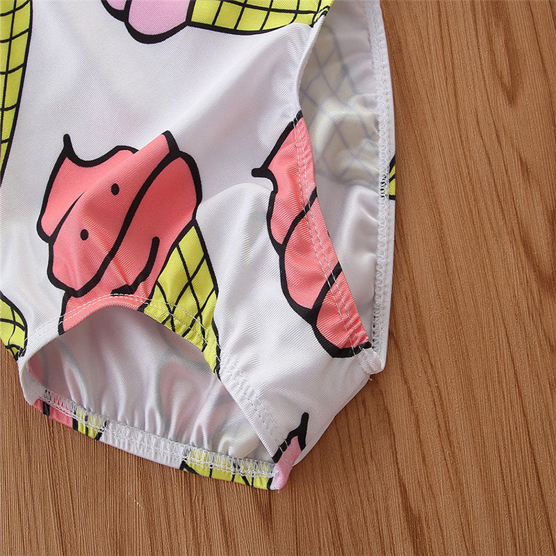 Girls White Geometric Printed Bodysuit Swimwear