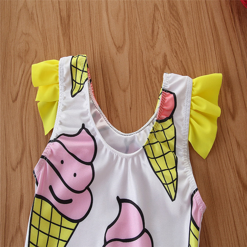 Girls White Geometric Printed Bodysuit Swimwear