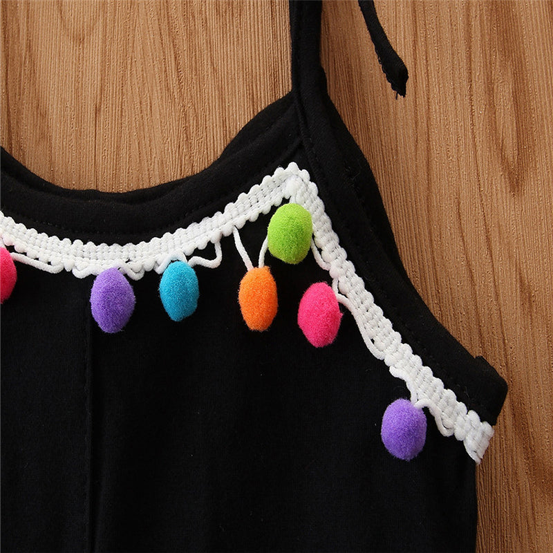 Girls Black Shoulder Straps Lace Inserts Cotton Jumpsuit