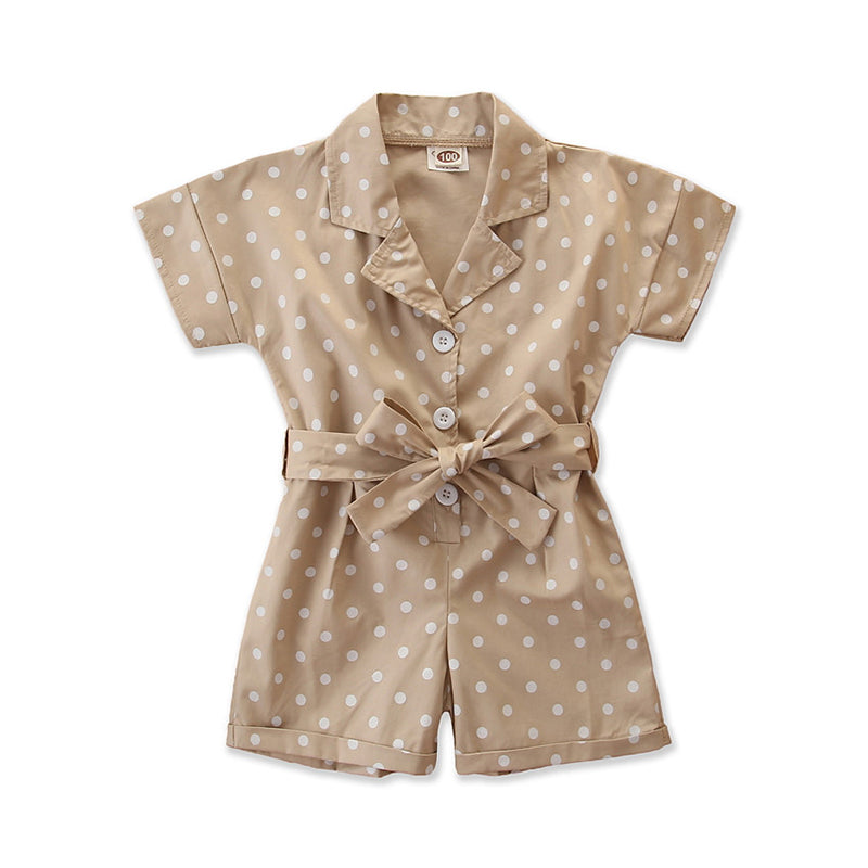 Girls Khaki Polka Dot Printed Cotton Playsuit