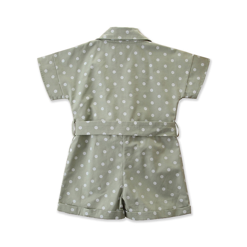 Girls Green Polka Dot Printed Cotton Playsuit