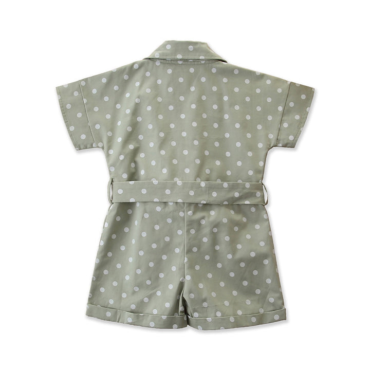 Girls Green Polka Dot Printed Cotton Playsuit
