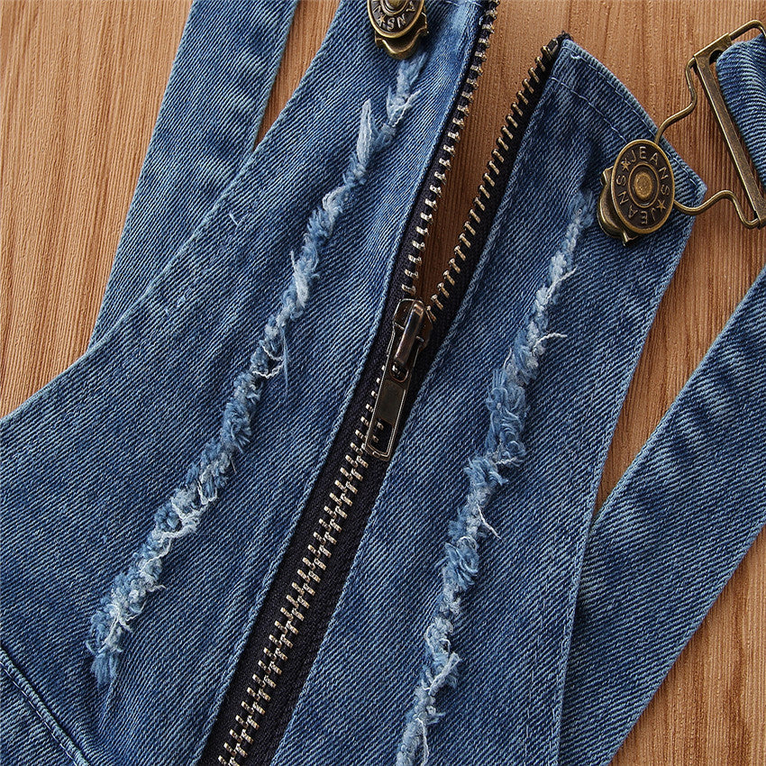 Girls Blue Cotton Slim Fit Dungarees