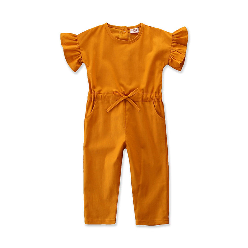 Girls Orange Round Neck Waist Tie-Ups Cotton Basic Jumpsuit