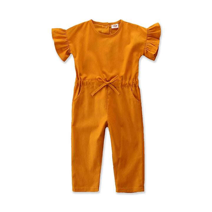 Girls Orange Round Neck Waist Tie-Ups Cotton Basic Jumpsuit