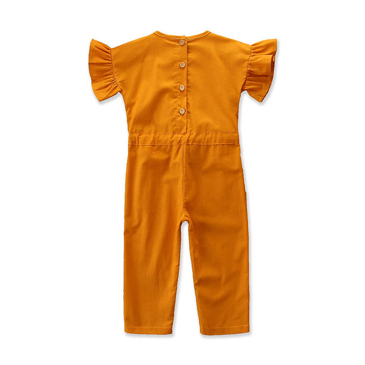 Girls Orange Round Neck Waist Tie-Ups Cotton Basic Jumpsuit